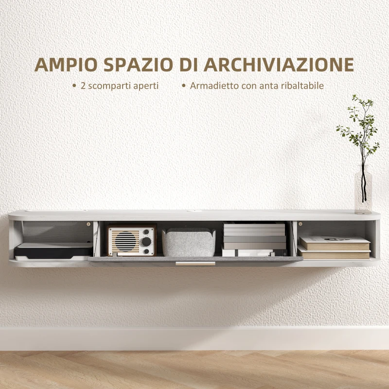 HOMCOM Mobile TV Sospeso in Legno con 2 Ripiani Aperti e Armadietto, 120x26x16 cm, Bianco e Grigio