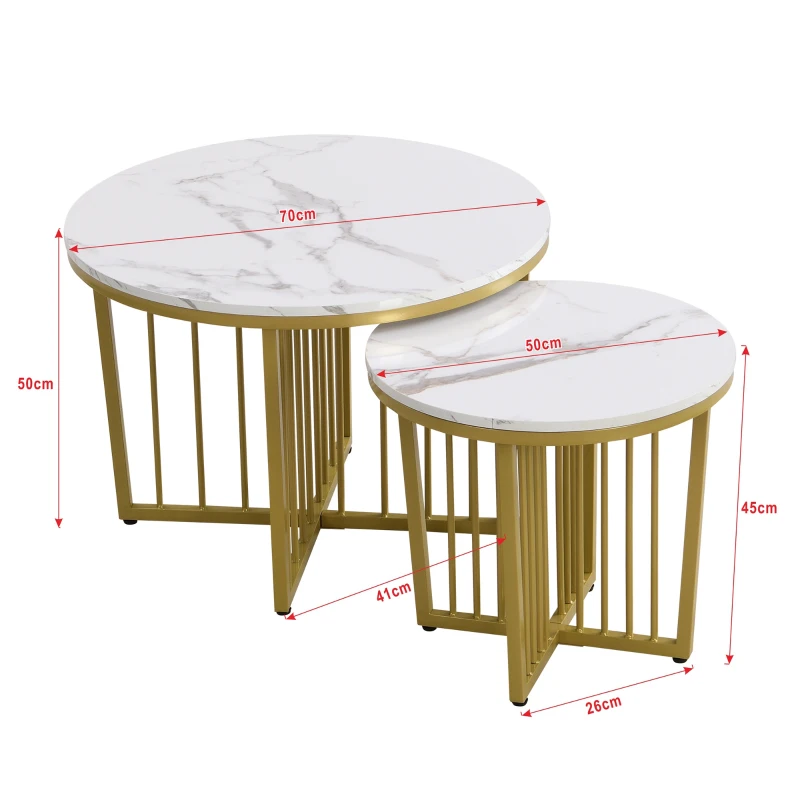 Moderner Couchtisch-Set in Hochglanz-Marmor-Optik mit vergoldeten Eisenbeinen, 2-teiliges Nesting-Design für Wohnzimmer und Balkon, weiß