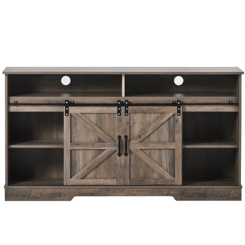 Petit meuble TV de style ferme avec 2 portes coulissantes et étagères réglables, adapté au salon et à la salle à manger, 150x40x81,5 cm, Gris délavé