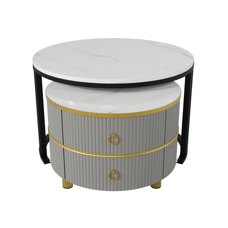 2-in-1 Couchtisch-Set mit Marmormuster und Hochglanz, runde Tische mit Schubladen, MDF und Metallbeine, Weiß+Schwarz