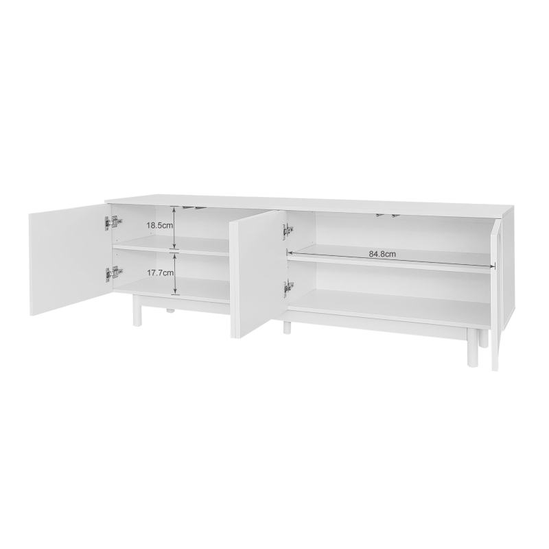 Meuble TV élégant en style luxueux avec portes structurées et étagères réglables, 175x38x56 cm, Blanc