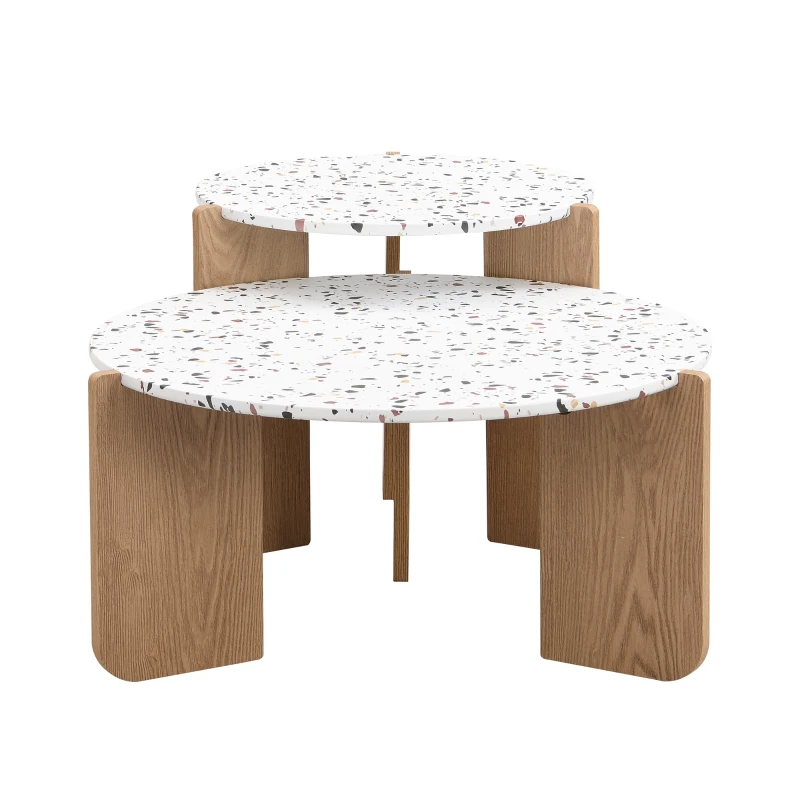 Moderner Couchtisch-Set, 2er-Set, ineinander verschachtelt, vielseitig einsetzbar, Weiß und Holzfarbe, Weiß und Holzfarbe