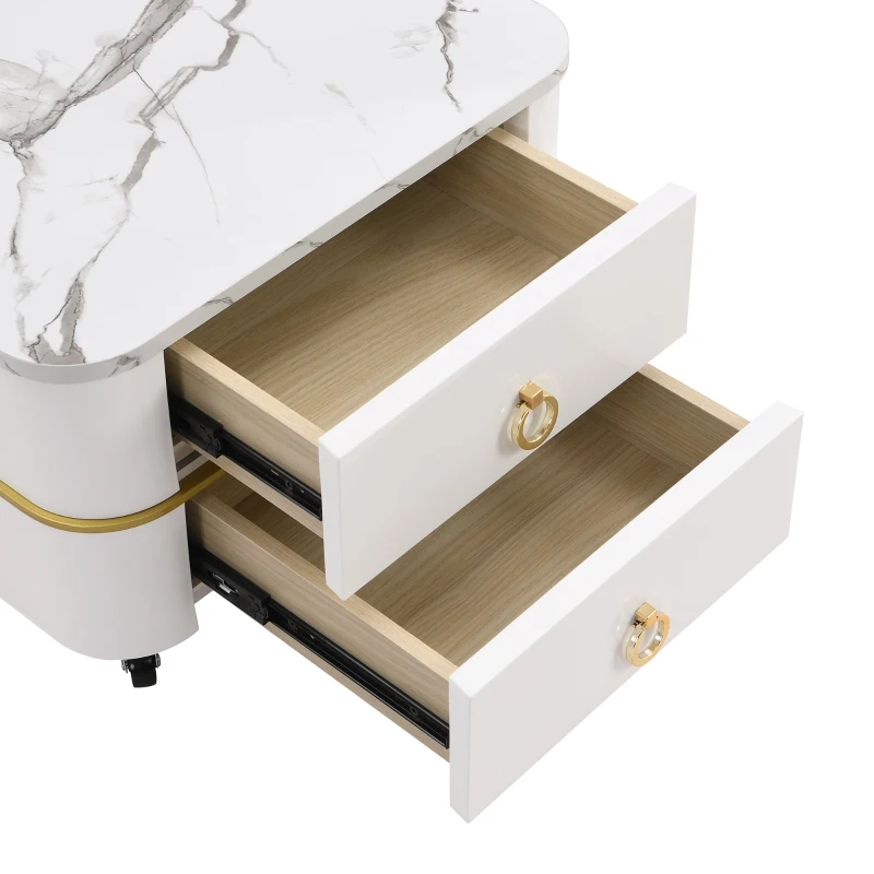 Ensemble de Tables Basses Gigognes en Marbre Poli et Verre, avec Détails Dorés et Tiroirs, 60x60x42 cm + 50x50x34 cm, Blanc