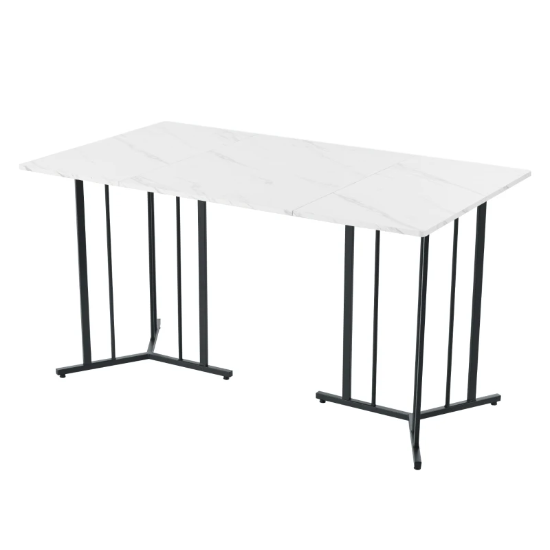 Modern Oblong Dining Room Tables with Adjustable Feet, Marble Pattern MDF Top, Kitchen Units with Metal Frame, 140x80x75 cm, White