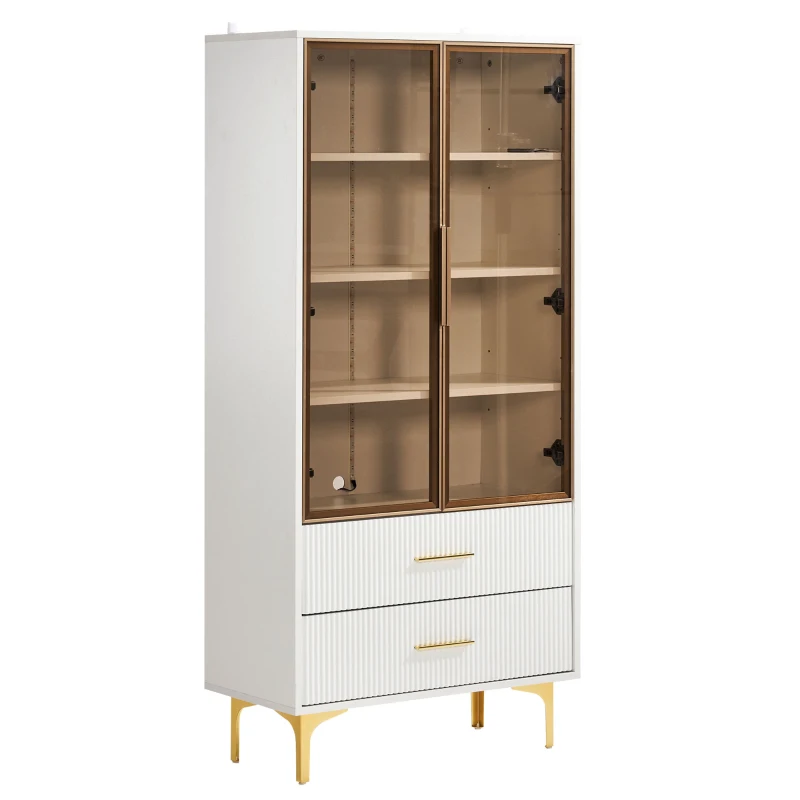 Vitrine Élégante en Verre avec Deux Portes, Pieds Dorés et Étagères Réglables, Éclairage LED Multicolore, 70x35x150 cm, Blanc