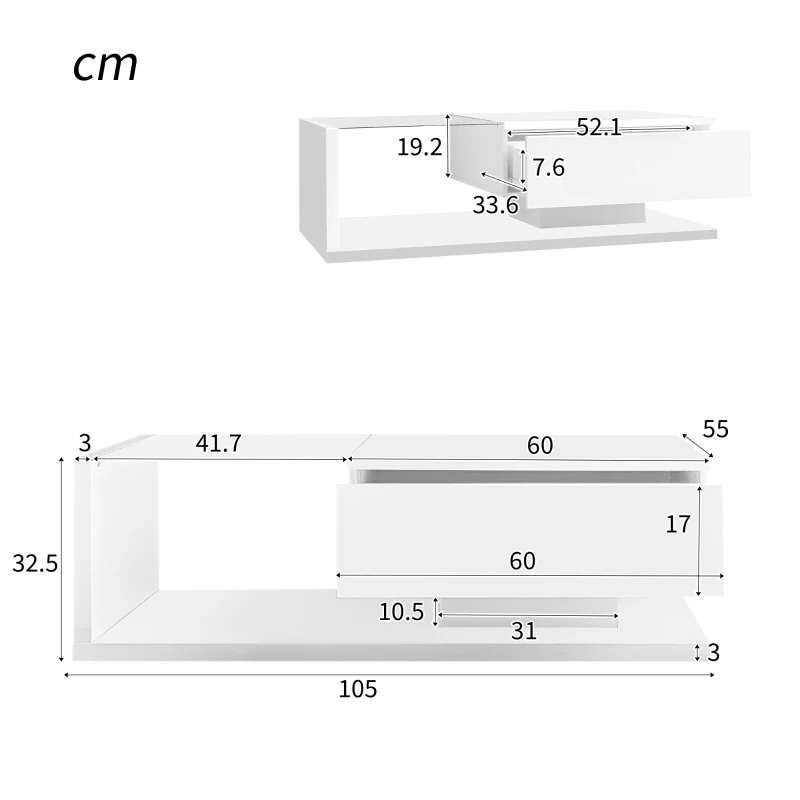 Couchtisch Hochglanz-Weiß mit Glasplatte und LED-Beleuchtung, Modernes Design und Praktische Ablagefächer, weiß