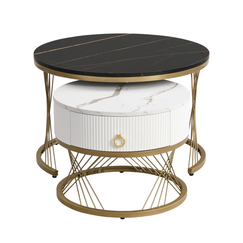 Lot de 2 tables basses gigognes modernes modulables en marbre synthétique avec tiroirs, 70x70x45 cm et 50x50x40 cm, Noir