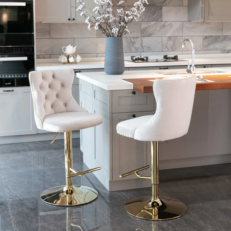 Set of 2 Adjustable Velvet Bar Stools with Backrest, Gold Electroplated Legs, 360° Rotatable, 62-82 cm Height, 45x45 cm Base, Up to 136 kg Load, Beige