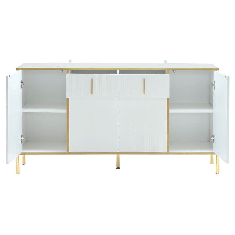 Crédence Élégante avec Détails Dorés, Tiroirs Silencieux et Étagères Réglables, 140x35x76 cm - Parfaite pour Cuisine et Salon, Blanc