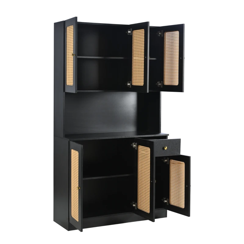Armoire haute en rotin avec 6 portes et tiroir central ouvrant, adaptée pour séjour et entrée, 100x24-38x180 cm - meuble de rangement moderne, Noir