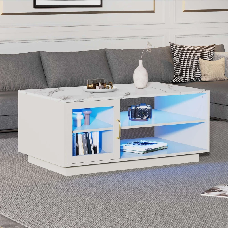 Table Basse de Salon Moderne avec Plateau , LED Lumineux, Télécommande, Surface Brillante et Compartiment de Rangement, 90x50x43 cm, Blanc