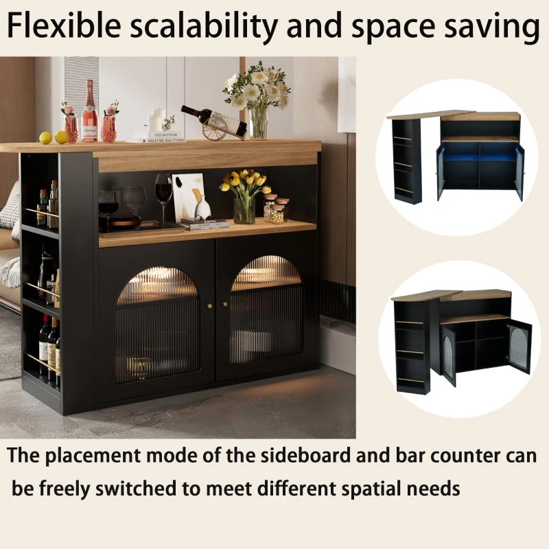 Modern Extendable Dining Table with Storage and LED Strip, Swivel Bar Bistro Table, 138-193x39x105 cm, Black