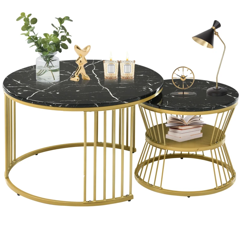 Ensemble de 2 Tables Basses Modernes Gigognes en MDF avec Finition Effet Marbre et Structure Métallique Dorée, 70x70x47 cm + 45x45x40 cm, Noir