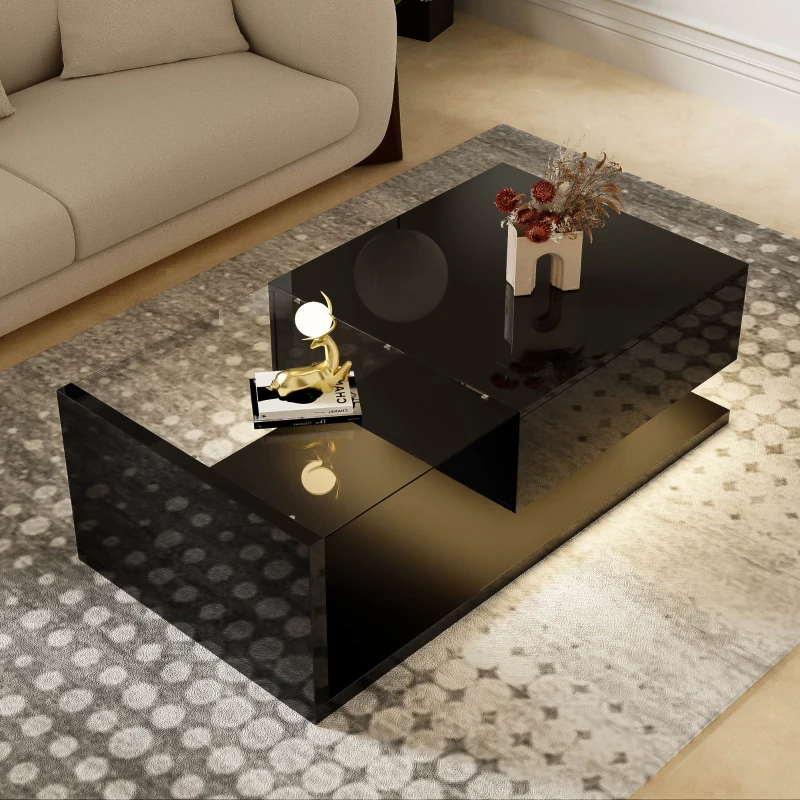 Couchtisch Hochglanz Schwarz mit Glasplatte und LED-Beleuchtung, Modernes Design und Praktisches Ablagefach, schwarz