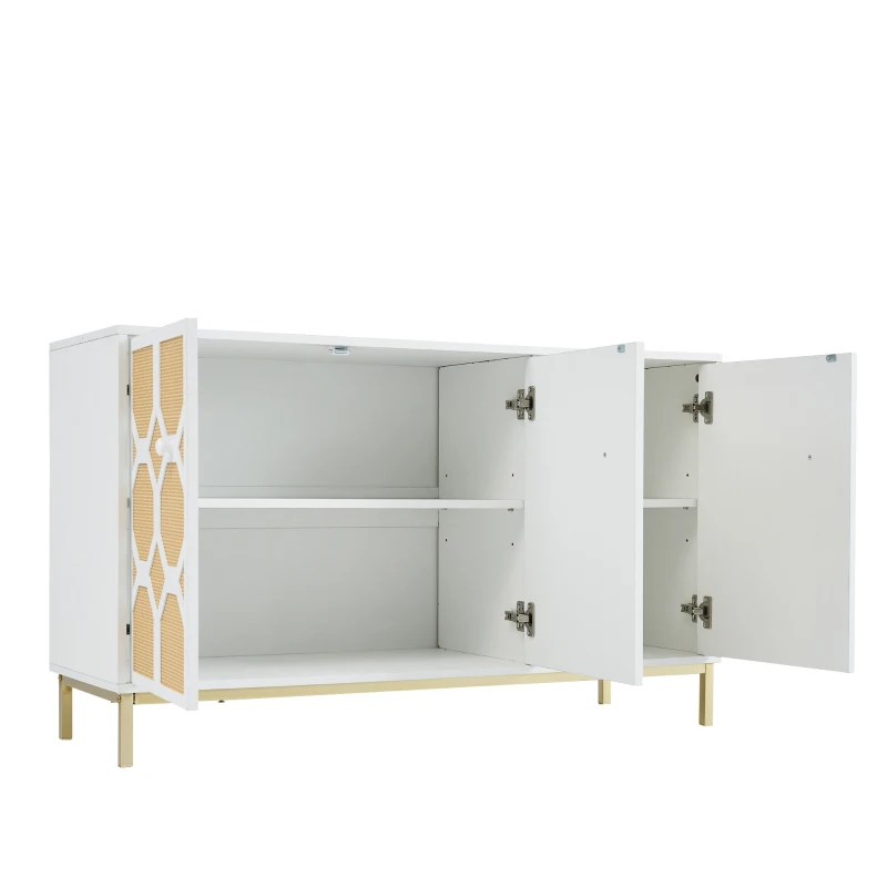 Dreitüriges Sideboard mit Rattantüren, verstellbaren Einlegeböden und vergoldeten Füßen für das Wohnzimmer, Weiß