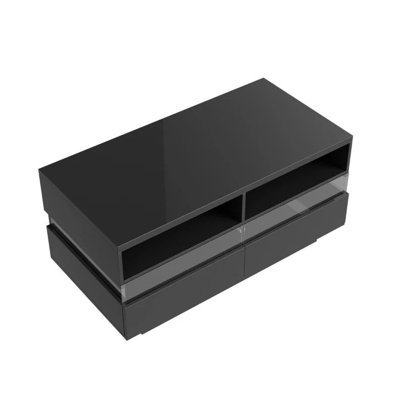 Hochglanz Couchtisch mit LED-Beleuchtung, zwei Ablagefächern und Schubladen, modernes Design, Schwarz