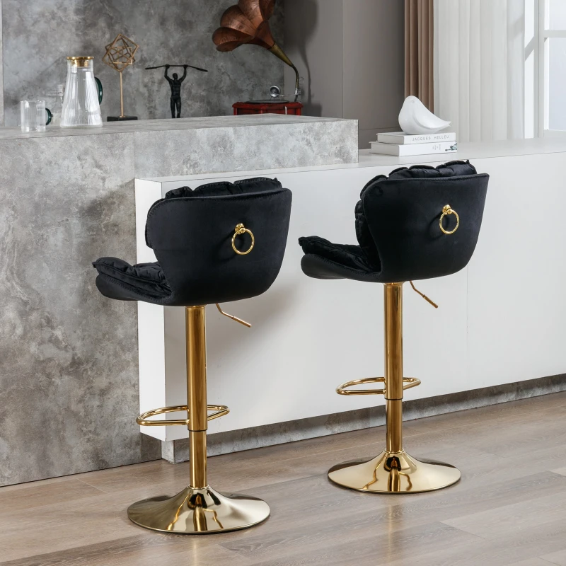 Set of 2 Adjustable Breakfast Bar Stools with Rolling Edge Backrest, Gold Legs, and 360° Rotatable Seat, Load-Bearing up to 136 kg, Black