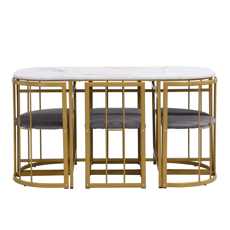 Six-Chair Dining Table Set, Modern Dining Table and Chairs with Backrests and Upholstery, Gold Iron Frame, 140x80x76 cm, Gold
