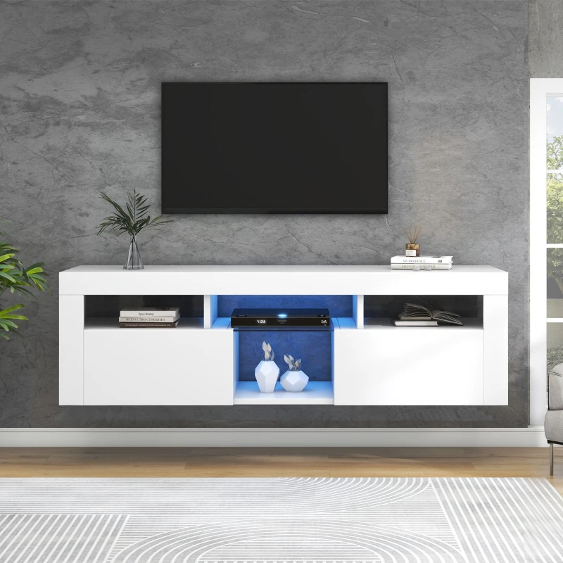 Meuble TV scandinave sur pied et mural avec éclairage LED, étagères ouvertes et compartiments rabattables, moderne brillant 140x40x45 cm, Blanc