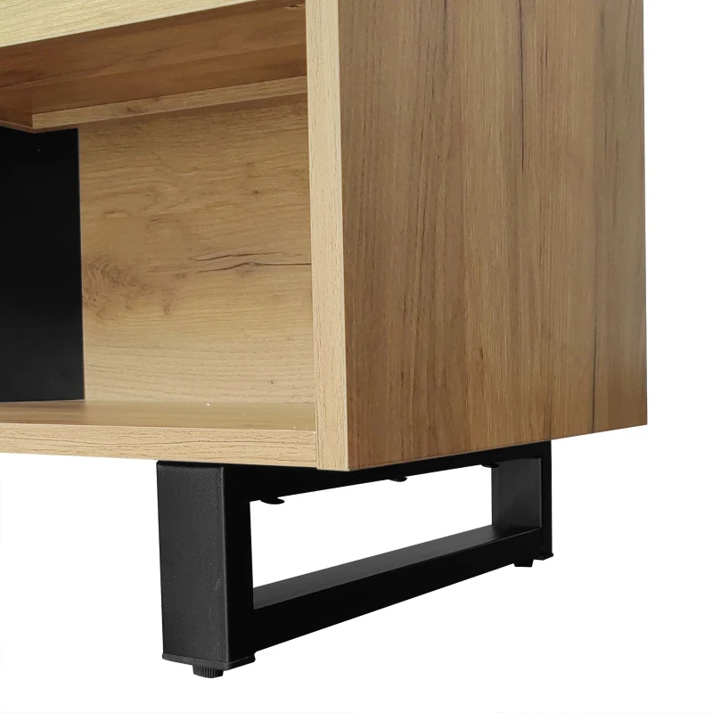 Meuble TV Bas Moderne en Bois avec Pieds en Métal, Trois Tiroirs et Étagères, 200x40x50 cm - Meuble TV Scandinave, Naturale+Noir