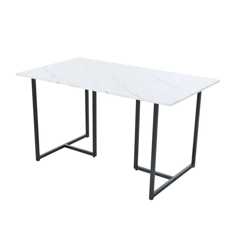 Modern Oblong Dining Room Table with L-Shaped Support Legs, Marble Top Extendable Table with Metal Frame, 140x80x75 cm, White+Black
