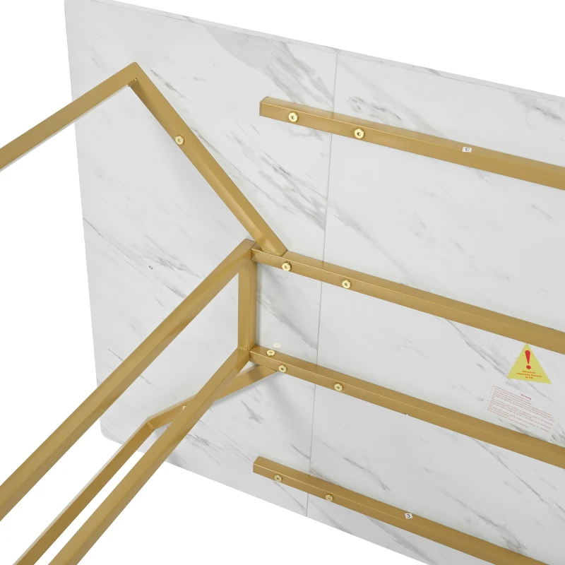 Modern Dining Room Table in Marble Top with Adjustable Metal Legs, Rectangular Extendable Table for Kitchen, 140x80x75 cm, White+Gold