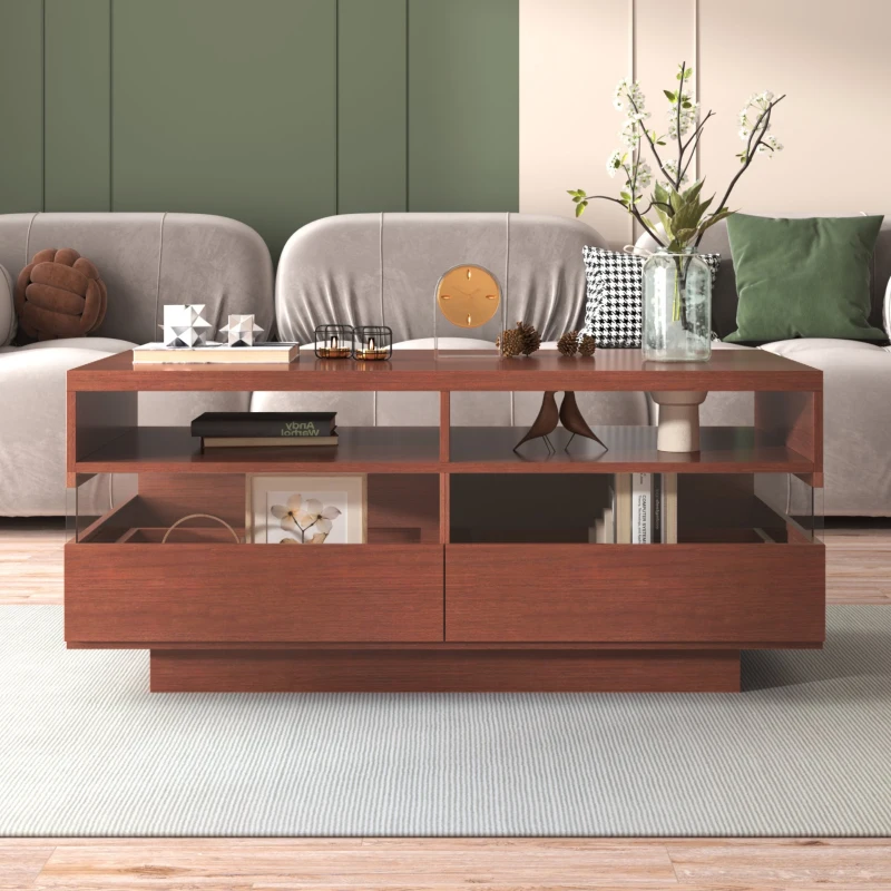 Couchtisch mit LED-Beleuchtung, zwei Schubladen, modernes Design mit Acryl-Elementen, Walnuss