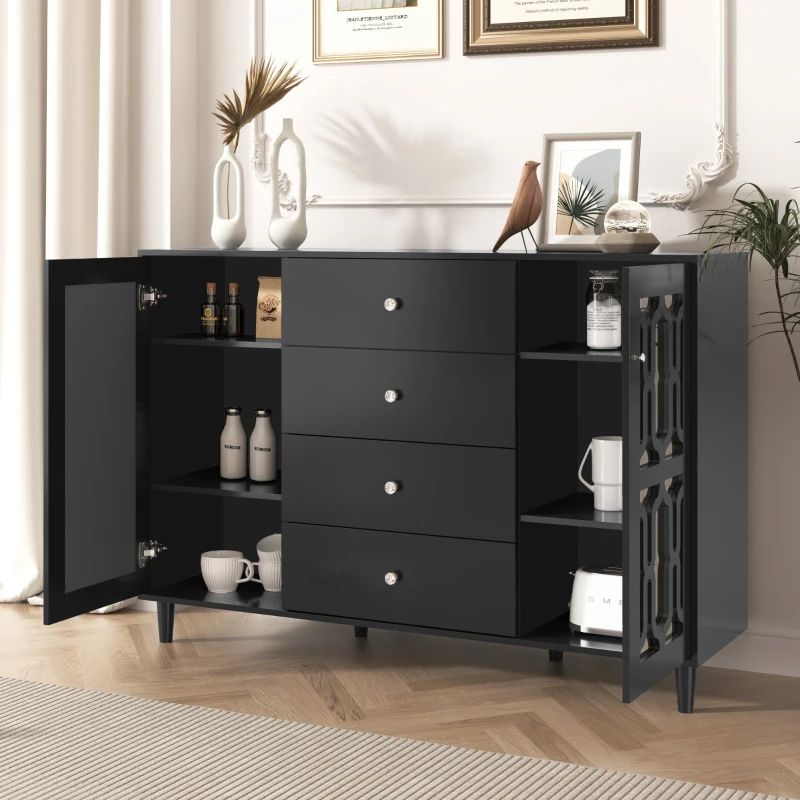 Schwarz Verspiegelte Anrichte mit kühlen Kristallgriffen für Wohn und Esszimmer, 147 x 40 x 102 cm, Schwarz
