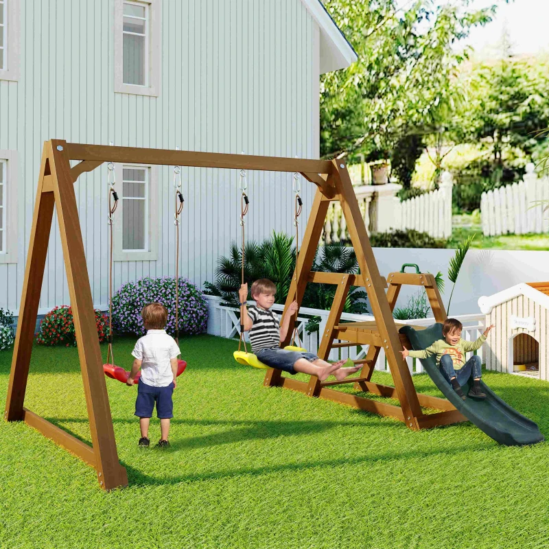 Balançoire Double pour Enfants en Bois Massif avec Toboggan, Échelle d'Escalade et Structure d'Extérieur, 239x240x169 cm, Naturel