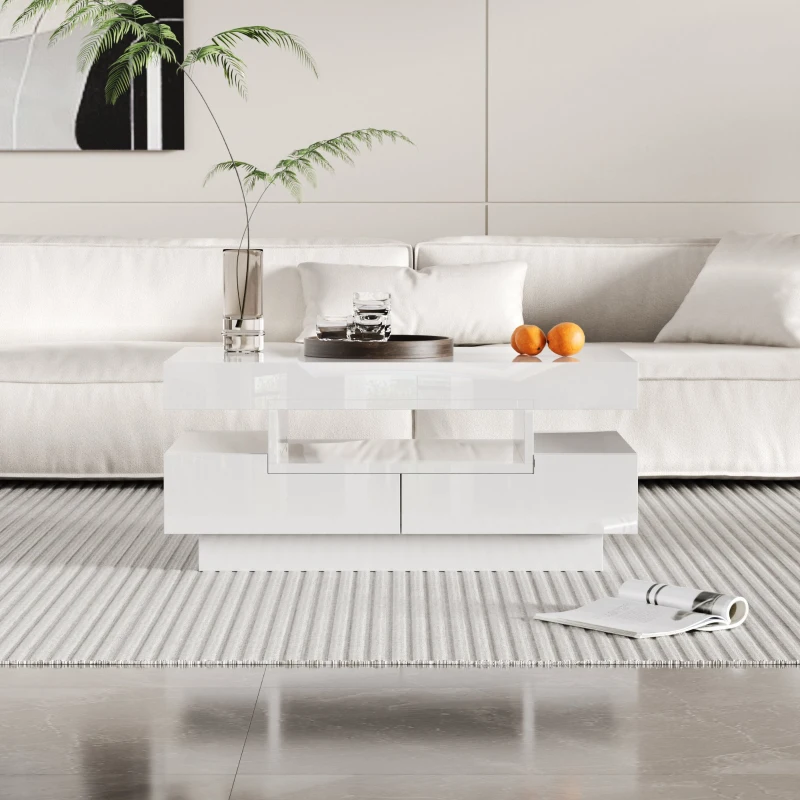 Couchtisch weiß hochglanz, 80x50x36 cm Luxus Couchtisch mit LED-Licht und großen Schubladen zum Wohnzimmer