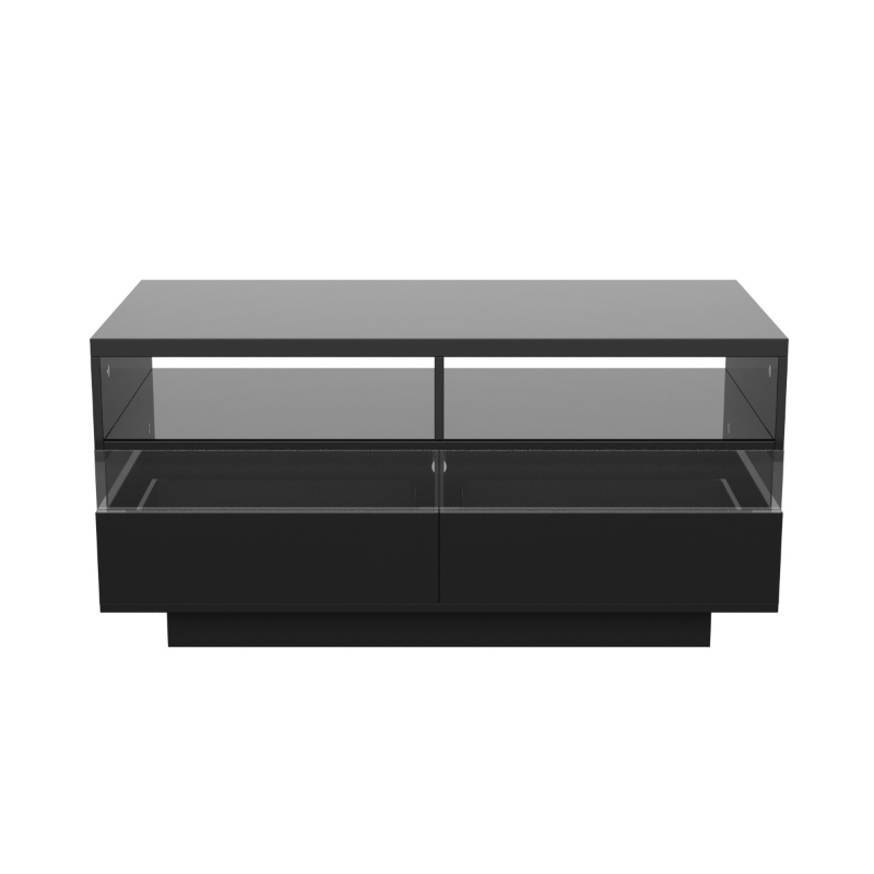 Hochglanz Couchtisch mit LED-Beleuchtung, zwei Ablagefächern und Schubladen, modernes Design, Schwarz