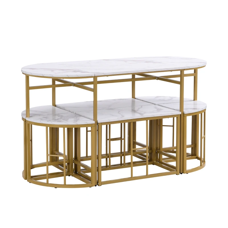 Modern Luxury Rattan 6 Seater Dining Table Set with Six Chairs, MDF Seat Cushions and Gold-Plated Iron Frames, Gold
