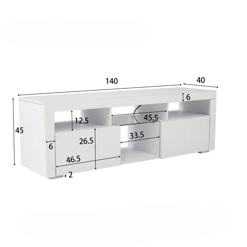 Meuble TV scandinave sur pied et mural avec éclairage LED, étagères ouvertes et compartiments rabattables, moderne brillant 140x40x45 cm, Blanc