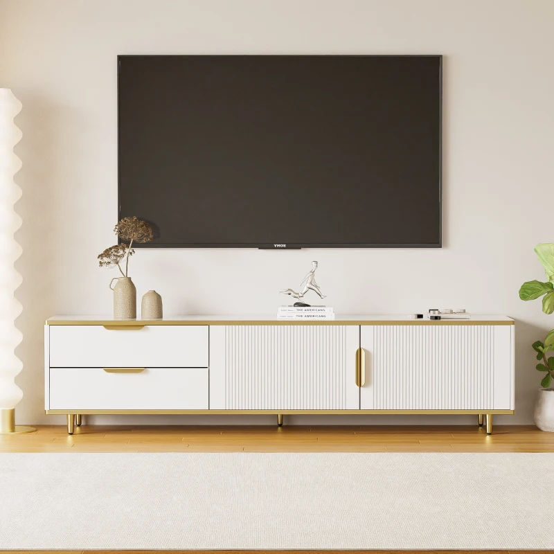 Meuble TV Bas avec Texture Sculptée, Poignées et Pieds Dorés, Structure Effet Marbre pour Salon, 175x40x45 cm - Style Scandinave, Blanc