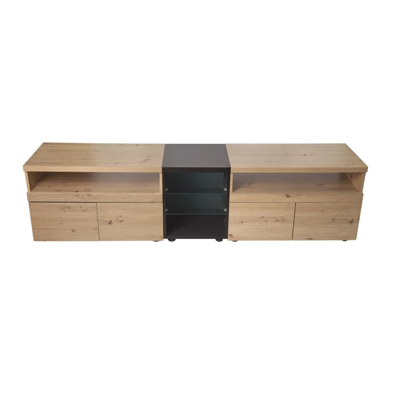 TV-Schrank mit Schubladen und Glastrennwänden im Farbblockdesign , Schwarz + Holz