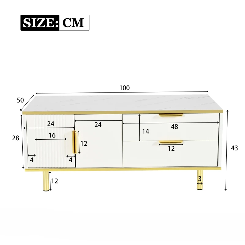 Table basse moderne avec tiroirs, design rayé, plateau en faux marbre et détails en métal doré, 100x50x43 cm, Blanc