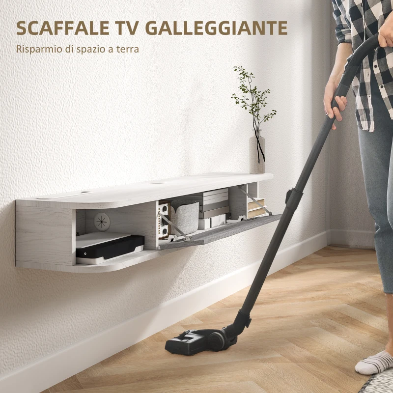 HOMCOM Mobile TV Sospeso in Legno con 2 Ripiani Aperti e Armadietto, 120x26x16 cm, Bianco e Grigio
