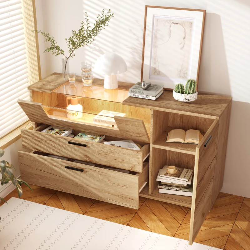 Buffet moderne avec porte vitrée et lumière LED, contrôlable via application, grand espace de rangement, 140x38x79,5 cm, Naturelle