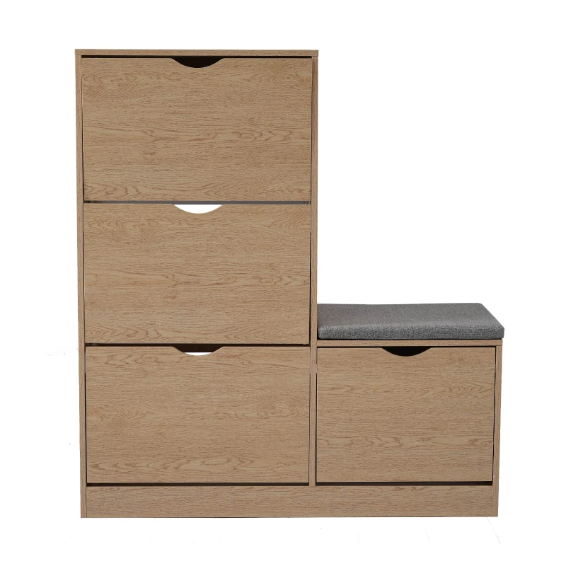 Schuhschrank mit 4 Klappen und Sitzbank, weiches Sitzkissen, grifflose Schuhkommode in Naturholzoptik, Natur