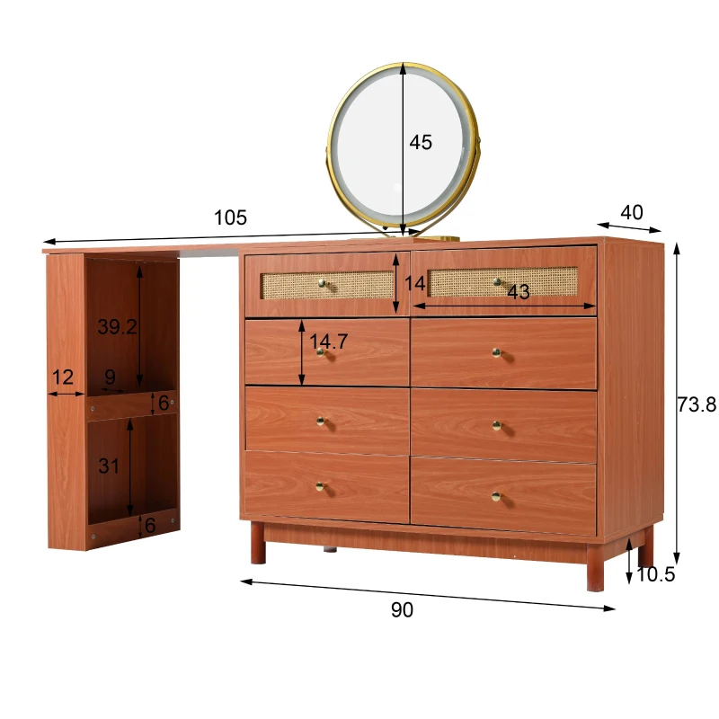 Schminktisch-Set mit LED-Beleuchtung, 360° drehbarer Spiegel, 8 Schubladen und flexiblem Stauraum, Walnuss