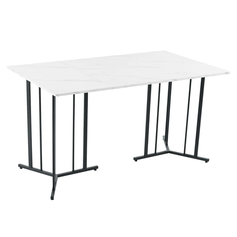 Modern Oblong Dining Room Tables with Adjustable Feet, Marble Pattern MDF Top, Kitchen Units with Metal Frame, 140x80x75 cm, White