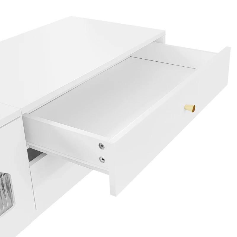 Meuble TV avec 4 tiroirs et 2 portes vitrées, système passe-câbles, peut accueillir des téléviseurs jusqu'à 90", 220x40x33 cm, style scandinave, Blanc