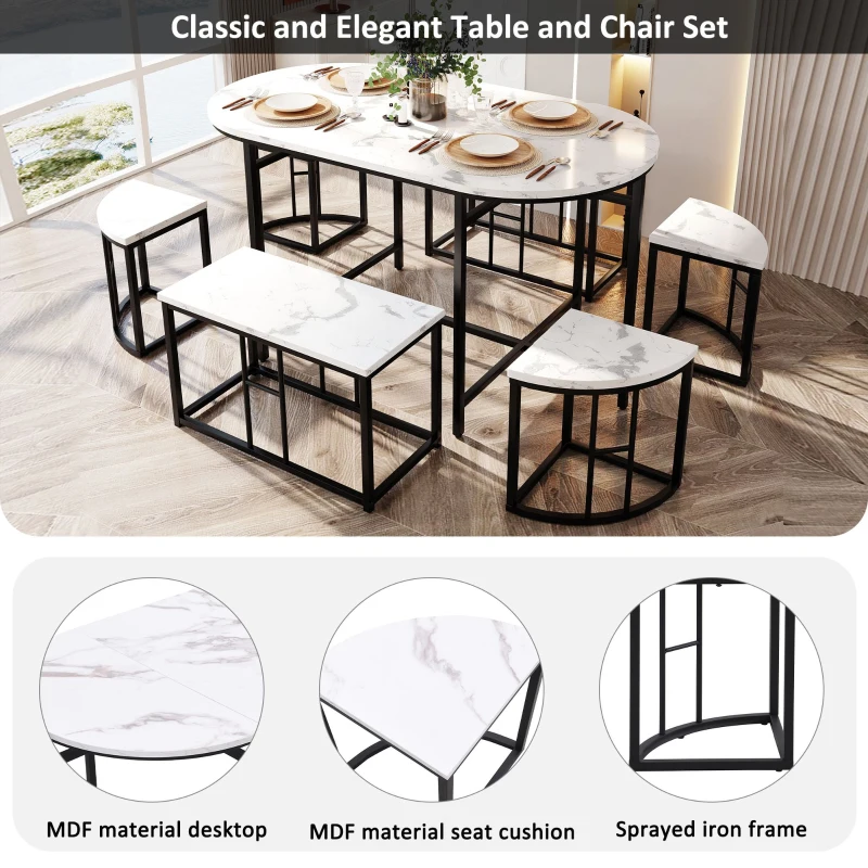 Modern Luxury 6 Seater Dining Table Set with Six Chairs, MDF Seat Cushions and Gold-Plated Iron Frames, Black