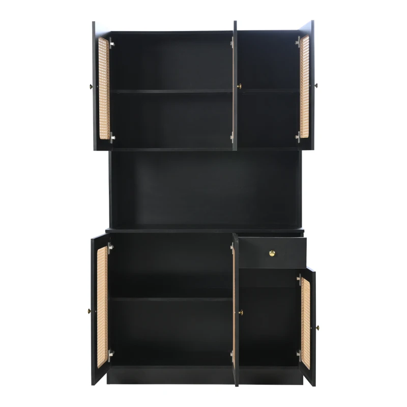 Armoire haute en rotin avec 6 portes et tiroir central ouvrant, adaptée pour séjour et entrée, 100x24-38x180 cm - meuble de rangement moderne, Noir
