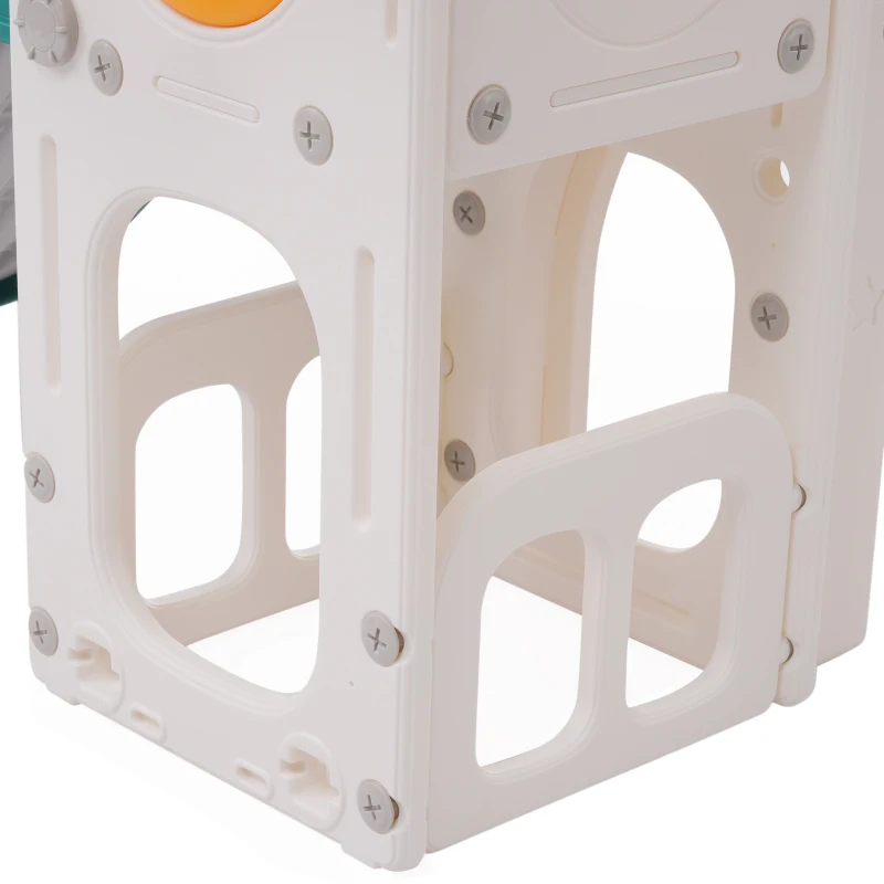 Toboggan pour enfants multifonctionnel 6 en 1 avec rampe, double plateforme, casiers, panier de basket et échelle，174x150x95 cm, Vert antique