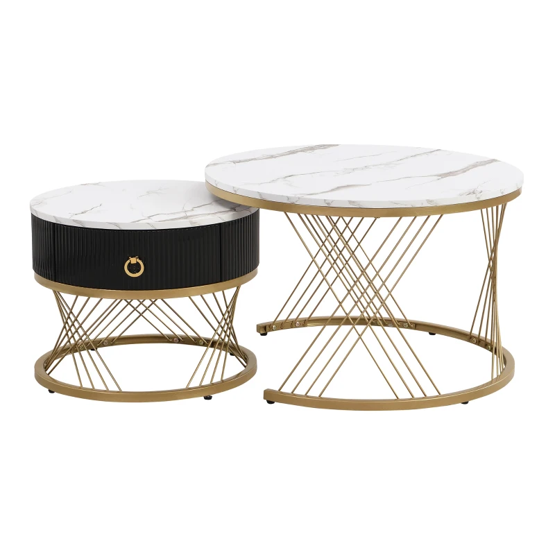 Lot de 2 tables basses gigognes modulables en marbre synthétique avec tiroirs, 70x70x45 cm et 50x50x40 cm, Blanc