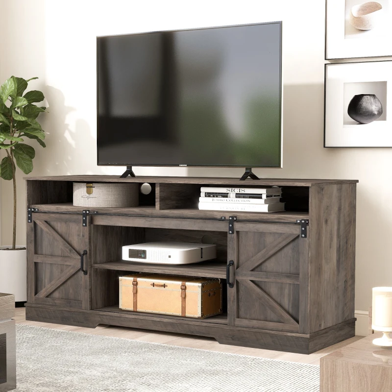 Petit meuble TV de style ferme avec 2 portes coulissantes et étagères réglables, adapté au salon et à la salle à manger, 150x40x81,5 cm, Gris délavé