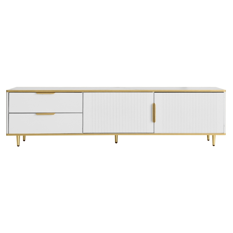 Meuble TV Bas avec Texture Sculptée, Poignées et Pieds Dorés, Structure Effet Marbre pour Salon, 175x40x45 cm - Style Scandinave, Blanc