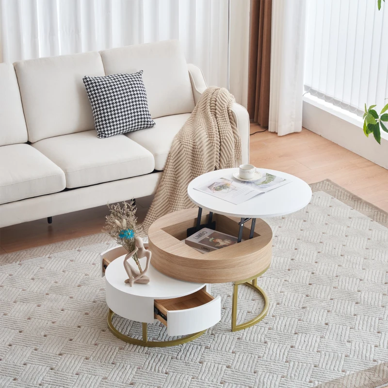 vergoldeter Satztisch, höhenverstellbare Couchtischkombination mit Schubladen, 2-teiliges Set, weiß