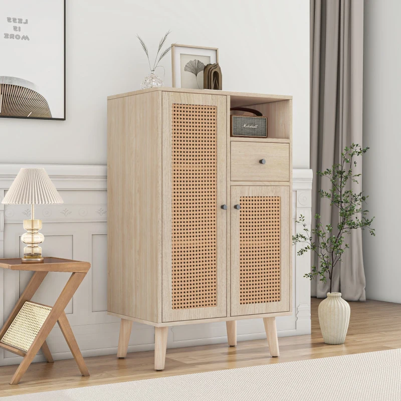 Buffet Moderne en Style Scandinave avec 2 Portes en Rotin et 1 Tiroir, Grand Espace de Rangement, 60x40x101 cm, pour Cuisine ou Salon, Chêne